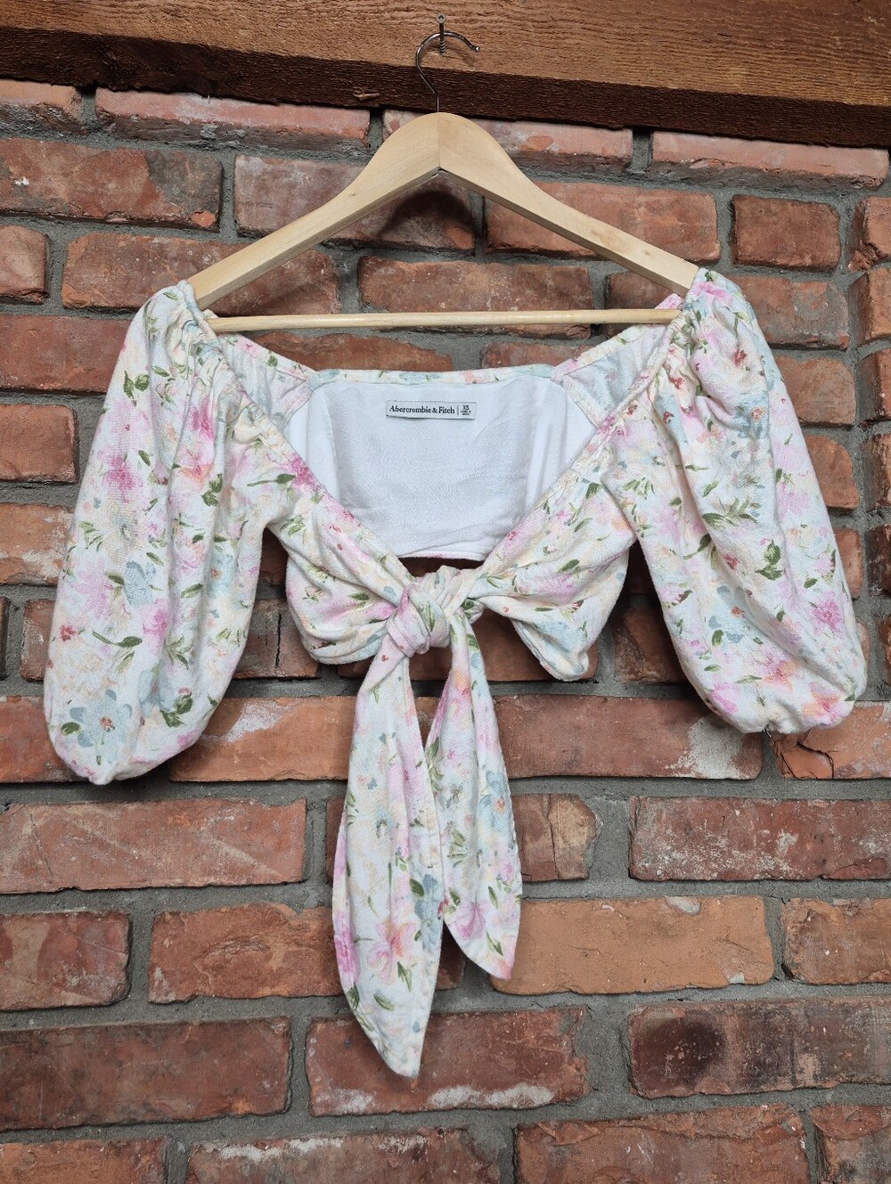 Abercrombie & Fitch XS Linen Blend Floral Tie Front Puff Sleeve Crop Top